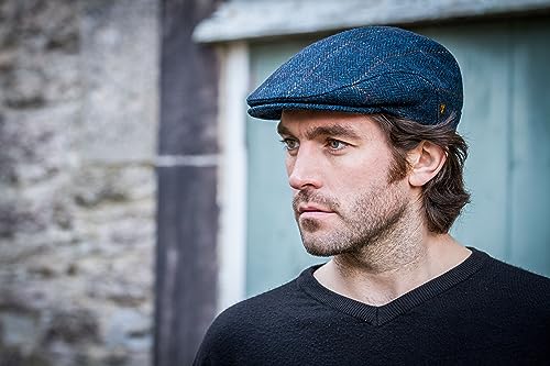 Mucros Weavers Irish Flat Cap Men Trinity Tweed Hat Driving Cap Made in Ireland - color: Col 34 (Blue Herringbone), size: Medium