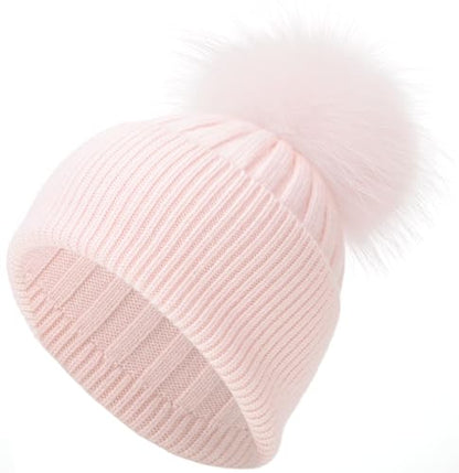 Women Real Fur Pom Pom Winter Ribbed Cuffed Knit Beanie Hat - color: Rc Pink