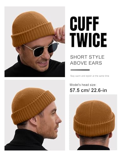vidsel 50% Wool Double Cuff Beanie Hat for Men Women, Warm Winter Knit Cap - color: Golden Brown
