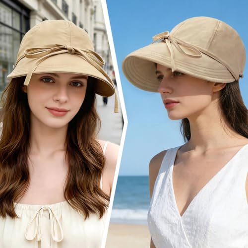 YAMEIZE Womens Bucket Sun Hat Packable Wide Brim Ponytail Beach Hat with Windproof Strap Sun Protection UPF50+ - color: Beige