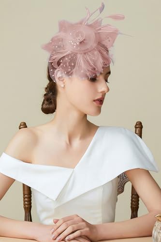 BABEYOND Fascinators Hats for Women Tea Party Flower Tulle Bead Derby Hat - color: Nude Pink