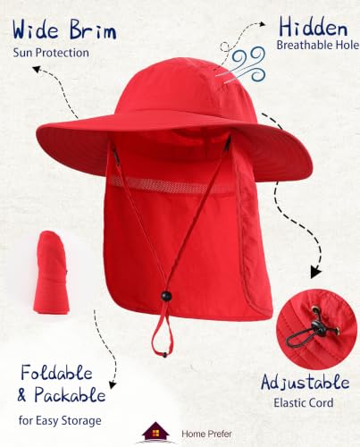 Home Prefer UPF 50+ Sun Hat with Neck Flap Wide Brim Fishing Hat for Men - color: Red