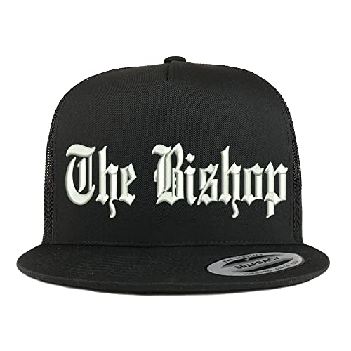 Trendy Apparel Shop The Bishop Old English Embroidered 5 Panel Flatbill Trucker Cap - color: Black