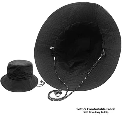 woogwin Waterproof Bucket Rain Hat with Chin Strap Quick Dry Packable Boonie Sun Hat Safari Hat UV Protection - color: Black