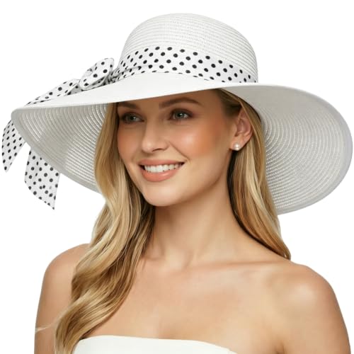 DRESHOW Beach Hats for Women Big Straw Wide Brim Summer Hat Floppy Foldable Roll up Cap Sun Hat UPF 50+ - color: 1 Pack With Polka Dot Bow: White