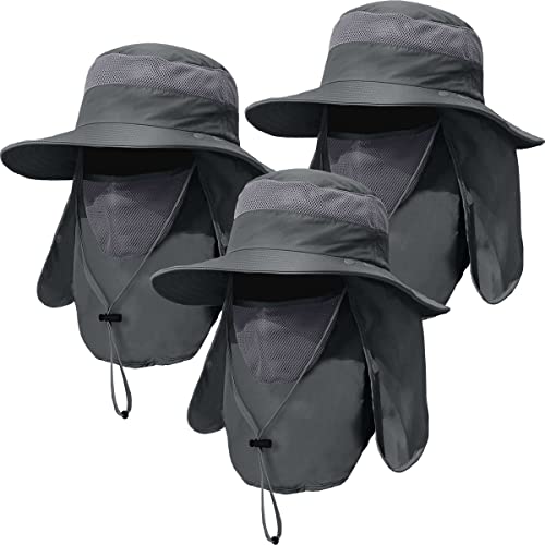 3 Pack Mens Outdoor Wide Brim Fishing Hat,UPF 50+ Sun Protection Cap with Face Neck Flap for Hiking & Garden - color: 3 Pack-dark Grey