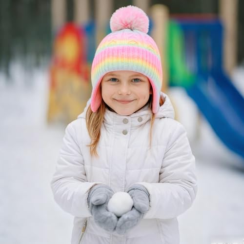 Kids Knit Winter Hats Skiing Beanie Caps with Earflap for Girls Boys Age 3-14 - color: Rainbow, size: 8-14 Years