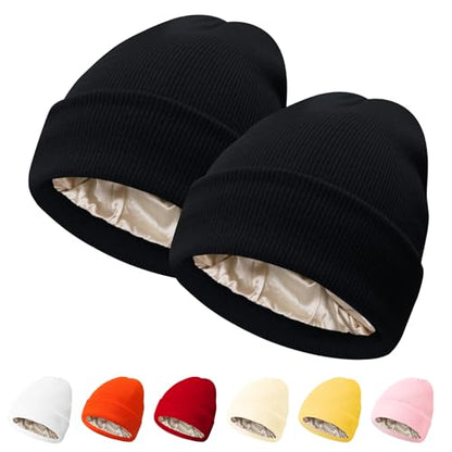 PFFY Womens Satin Lined Beanie Silk Lining Winter Hats Beanies for Women - color: Black+black
