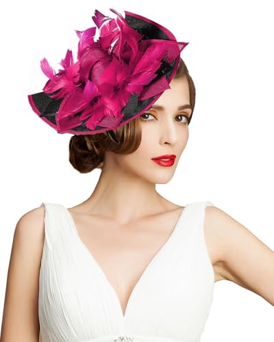 ORIDOOR Women Fascinators Derby Church Tea Party Wedding Flower Feathers Headpiece with Headband Clips - color: 02-rose Black