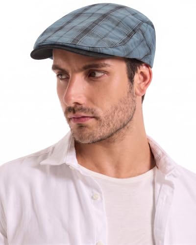 ZLYC Men Summer Flat Cap Scally Ivy Gatsby Newsboy Beret Driver Hat - color: Plaid Blue