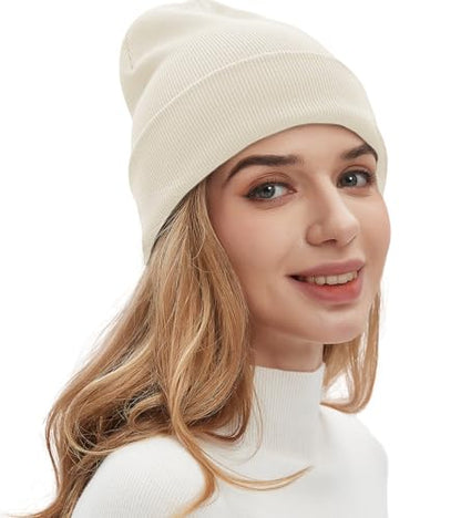 100% Cotton Beanies for Men Women Unisex Cuffed Knitted Skull Cap - color: Beige