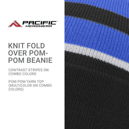 Pacific Headwear Unisex Adult Pacific Headwear Knit Fold Over Pom-pom Beanie - color: Black/Royal/White, size: One Size