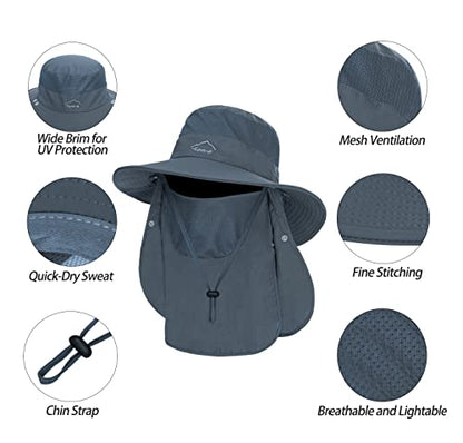 Fishing Hat for Men, Outdoor 3 in 1 Sun Hat Summer Safari Boonie Cap - color: Dark Grey