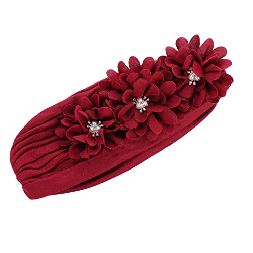 Flower Pre-Tied Turban Beanie, Soft Chemo Cap for Women Cancer Hair Loss - color: Wine