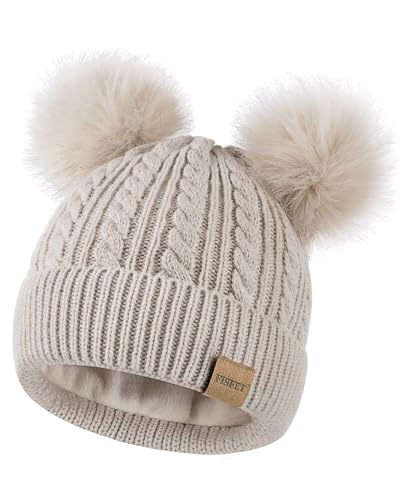 FISFET Beanies Women with Double Pom Pom, Winter Hats for Women Cold Weather Warm Knit Fleece Lined, Cute Beanie Cap - color: Oatmeal