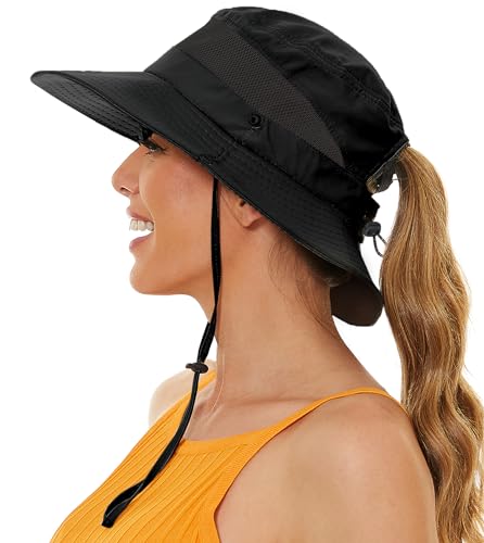 EW East Water Sun Beach Hat for Women, UPF50+ Waterproof with Ponytail Hole - color: Black
