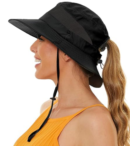 EW East Water Sun Beach Hat for Women, UPF50+ Waterproof with Ponytail Hole - color: Black