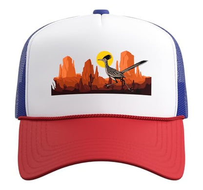 Roadrunner Bird Desert Vibes Arizona New Mexico Nevada Trucker Hat with Adjustable Mesh Back - color: Red/White/Royal Blue