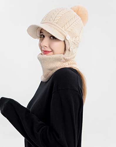 HUAMULAN Women Cable Knit Balaclavas Winter Fleece Lined Beanie Hat - color: Beige With Pompom