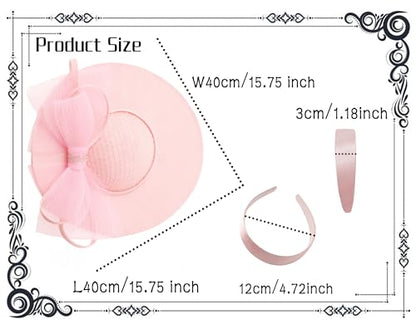dressfan Wide Brim Fascinator Hats for Women,20s Linen Rhinestones Bow Big Hat for Derby Church Wedding Tea Party - color: Pink