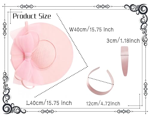 dressfan Wide Brim Fascinator Hats for Women,20s Linen Rhinestones Bow Big Hat for Derby Church Wedding Tea Party - color: Pink