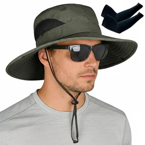 ZOORON Sun Hats for Men Women, Wide Brim Safari Hats UV Protection UPF50+ Waterproof Boonie Hats for Fishing Hiking Camping - color: With One Pair Cooling Sleeves-1pack-army Green
