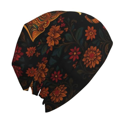 Slouchy Beanies Skull Caps for Women Men, Cool Running Hat Soft Night Caps for Sleeping Chemo Headwear - color: Black Golden Floral Elephant