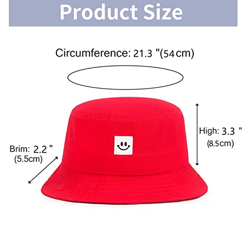 Kids Sun Hat Smile Face Bucket Hat for Girls Boys Summer Sun Protection Cotton Unisex Beach Cap - color: Red