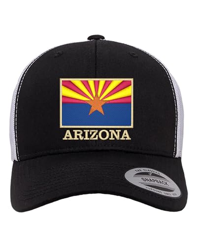 Go All Out Arizona Flag with Classy Gold Trim Arizona Pride Dad Deluxe Trucker Flatbill Baseball Structured Embroidered Hat - color: Black/ White