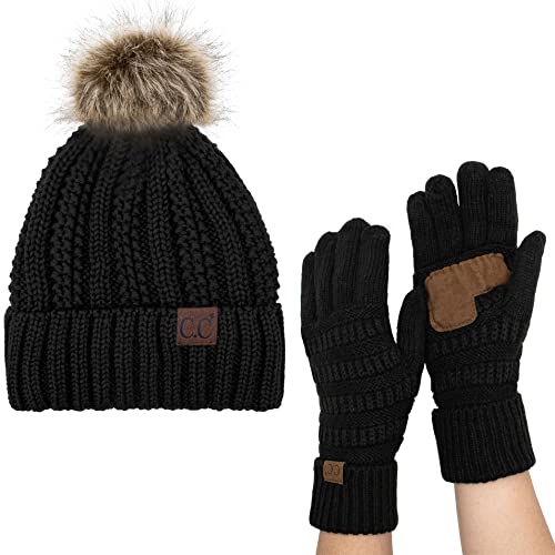 C.C Pom Cable Knit Beanie and Glove Set - color: Black