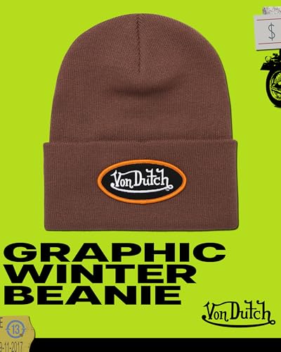 Von Dutch Unisex Cuffed Knit Skull Cap Beanie, Embroidered Logo - color: Sepia Stone