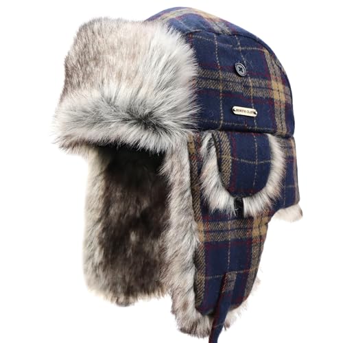 Unisex Winter Trapper Hat Cold Proof Keep Warm Hat with Ear Flaps for Hunting Skiing Trooper Outdoor Activities - color: Dark Plaid Series-blue, size: Large-X-Large