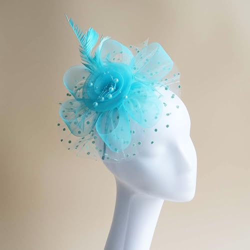 WLBON Fascinators Hat 20s 50s Headband Hair Clips Flower Mesh Veil Feather Headpiece Headwear Women Halloween Carnival Cocktail Wedding Church Cosplay Dress Up Birthday Tea Party Accessories Blue - color: Hot Blue