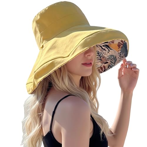 Women Wide Brim Sun Protection Hat Summer Fishing Hats - color: Yellow and Leaf Print