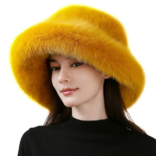 Dikoaina Faux Fur Bucket Hat for Women Girl – Oversized Brim, Super Soft & Fluffy Winter Hat - color: Yellow