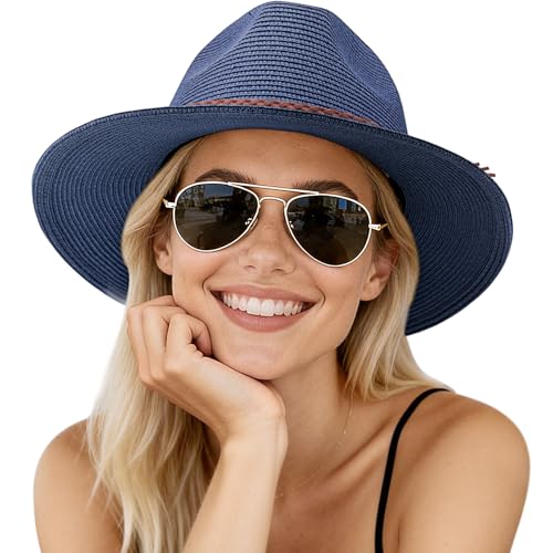 AQOKKA Summer Sun Hats for Women Straw Panama Hat with Wide Brim Roll Up Travel Fedora Beach Hat for Women Men UPF 50+ - color: Woven Rope : Navy