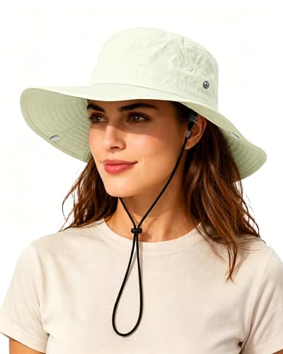 Wide Brim Waterproof Bucket Rain Hat for Women Men UPF50+ Cowboy Sun Hat - color: Ivory White