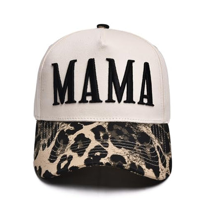 Women’s Mama Trucker Hat Trendy, Embroidered Adjustable Mom Baseball Cap, Two-Tone Ponytail Hat for Outfits - color: Dark Leopard