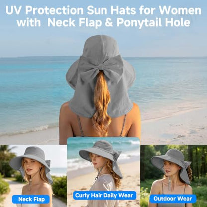 Womens Ponytail Hole Sun Hat with Neck Flap Outdoor UPF 50+ - color: Grey