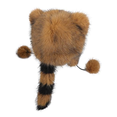 Holiberty Cute Animal Horns Ears Winter Hat Plush Fur Warm Trapper Hat Funny Viking Christmas Halloween Costume Snow Ski Hat - color: Brown, With Raccoon Ears Tail