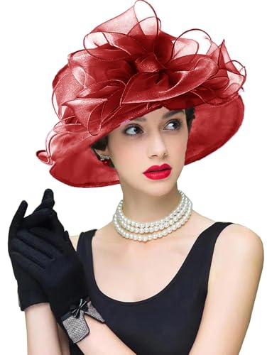ORIDOOR Women's Organza Cloche Bowler Hat Derby Fascinator for Tea Party Bridal Wedding Hat - color: 011c1-wine