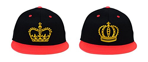 King & Queen Crowns, Perfect Couple, Fine Finished Embroidery (2 Snapback Hats) - color: Black-red Brim