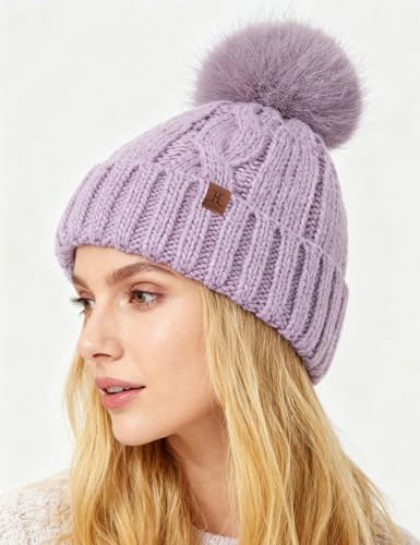 DS DADOU&XIAOSHAN Winter Hats for Women, Fleece Lined Beanie with Pom Pom, Girls Womens Knit Hat Beanies Toboggan - color: Purple