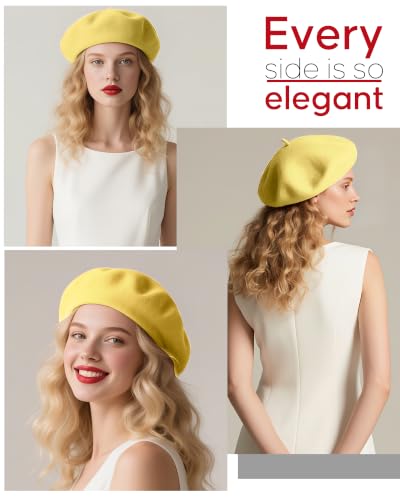 French Beret Hats for Women - Wool Solid Color Beanie Cap - color: Lemon Yellow
