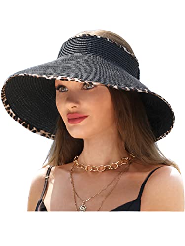 LA CARRIE Wide Brim UV Protection Sun Hats for Women with Leopard Trim Straw Roll Up Beach Visor Hat UPF 50+ - color: Black