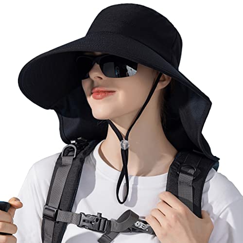 HUAMULAN Women Wide Brim Summer Sun Hat Ponytail Hole with Neck Flap - color: Bg8112-black