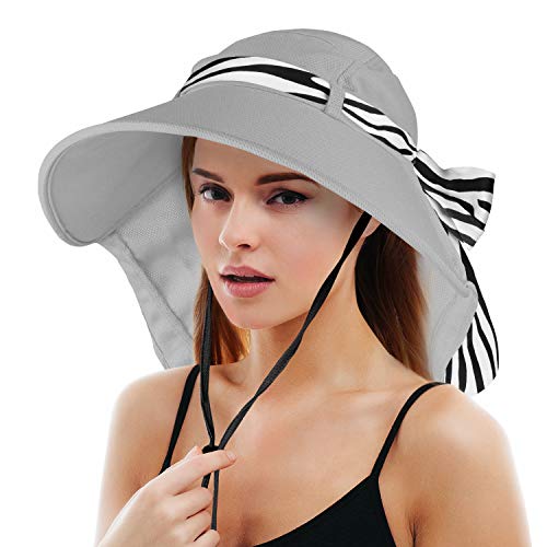 Solaris UPF 50+ Wide Brim Sun Hat for Women - Small Size Packable Lightweight, Floral Scarf Cooling Hat with Neck Flap - color: Silver Gray-round