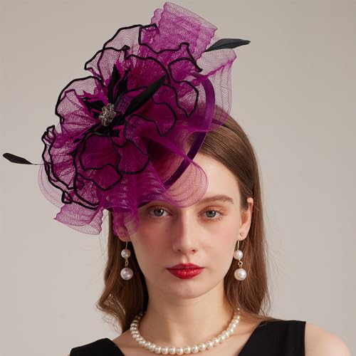 Kentucky Organza Derby Top Hats for Women Sun Visor Cap Ladies Flowers Bride Weeding Fascinators Wide Brim Fedoras - color: Rose 3