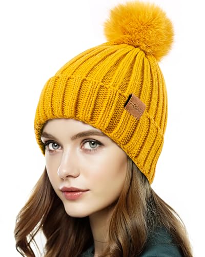 Womens Winter Beanie Hat Fleece Lined Warm Skull Cap with Faux Fur Pom Cuff Knitted Hat for Women - color: Yellow