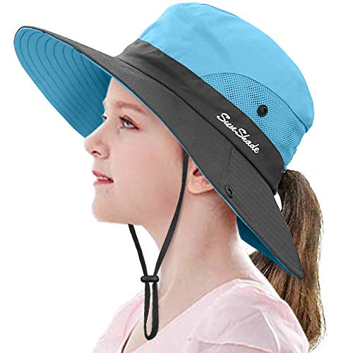 LCZTN Kids Ponytail Sun Hat Wide Brim UV Protection for Girls Beach Bucket Cap - color: Sky Blue, size: Medium